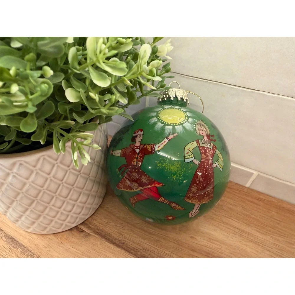 Vintage Li Bien Style Hand Painted Glass Ornament Russian Folk Dance Green 3
